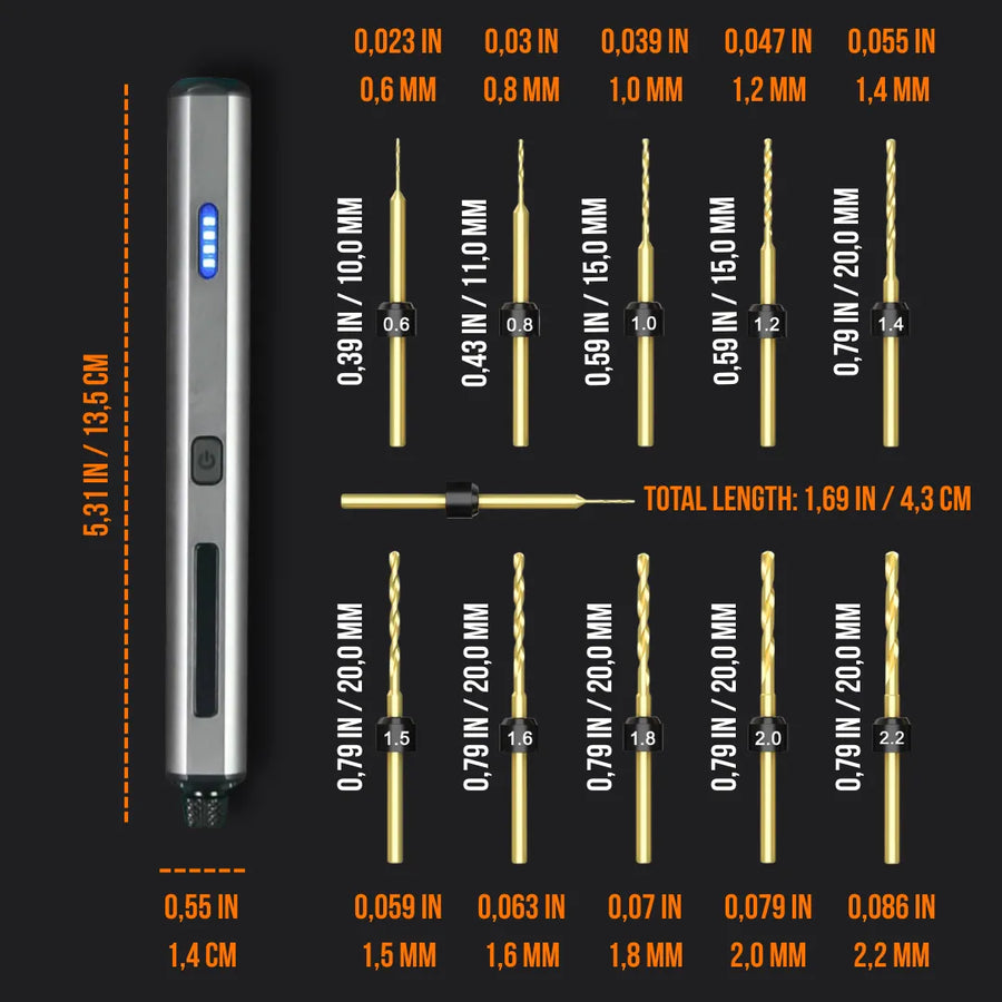 The Almighty Mini Electric Drill with LED indicator and ten precision drill bits in various sizes.