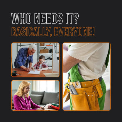 Collage showing people using electric drill at home, worker tool belt, DIY crafts, with 'Who needs it? Basically, everyone!' text.