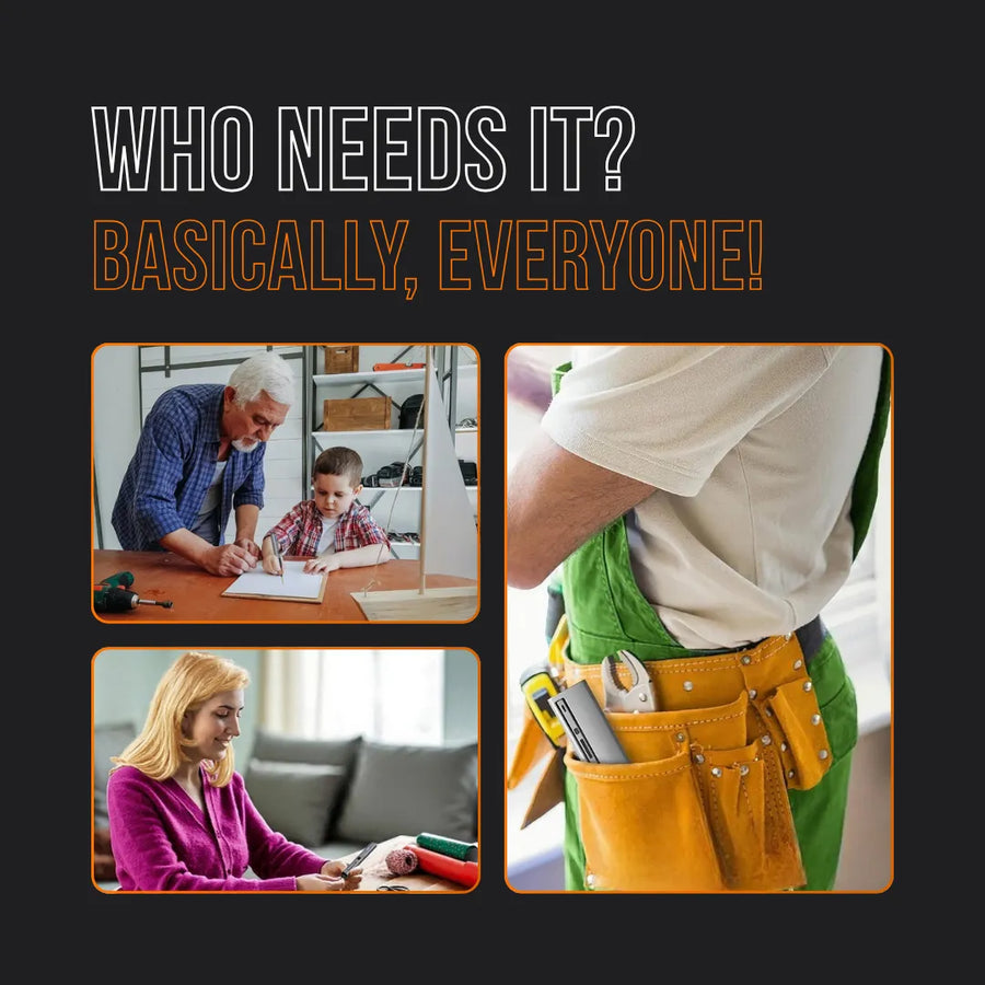 Collage showing people using electric drill at home, worker tool belt, DIY crafts, with 'Who needs it? Basically, everyone!' text.