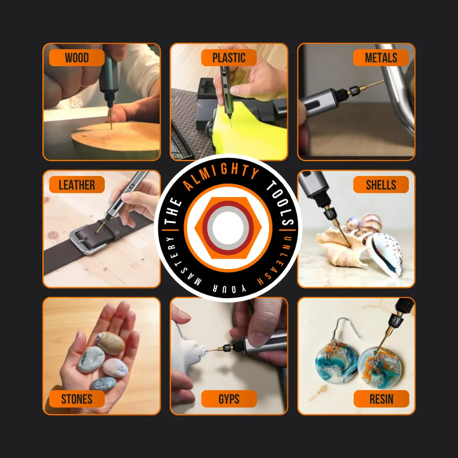 Mini electric drill in use on wood, plastic, metals, leather, shells, stones, gypsum, and resin crafts.