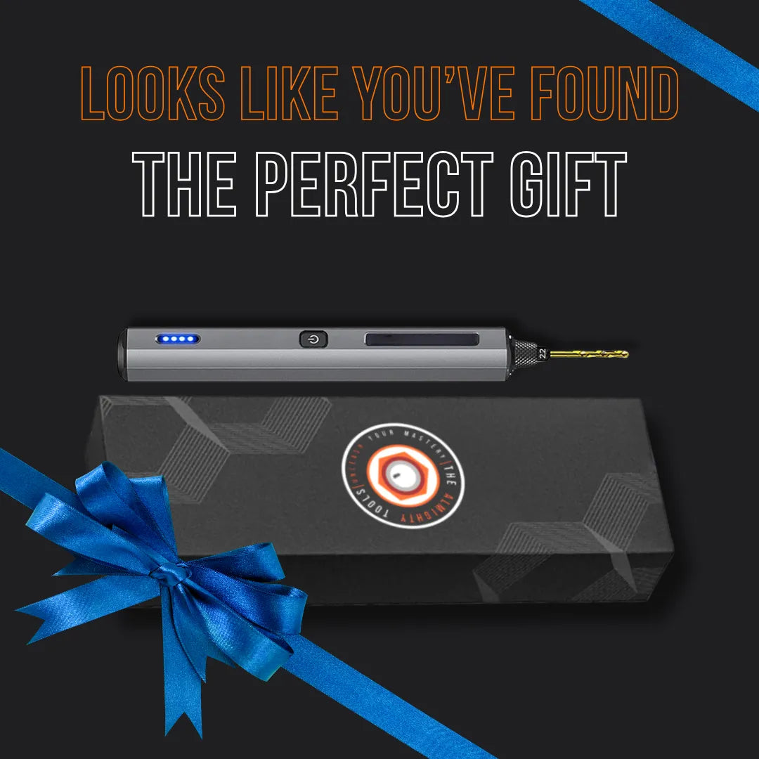 Mini electric drill with LED indicators and drill bit, gift box with blue ribbon, black background.