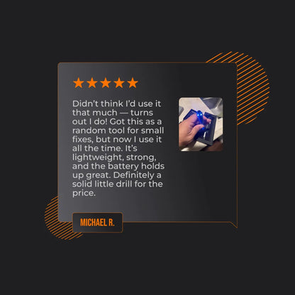 Five-star review for Almighty Mini Electric Drill with user photo and testimonial.