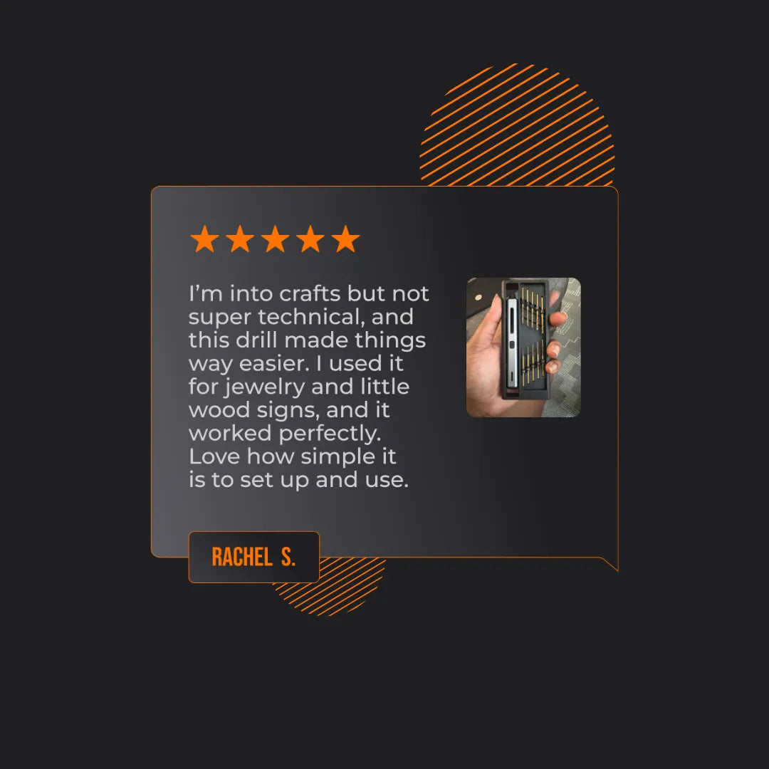 Customer review for Almighty Mini Electric Drill with a hand holding mini drill kit.