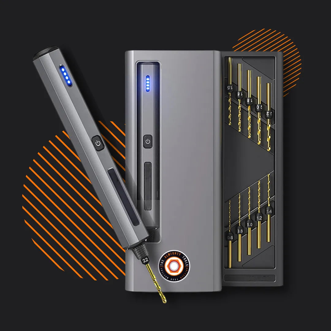 AlmightyMini electric drill kit with drill bits in sleek gray case on black background