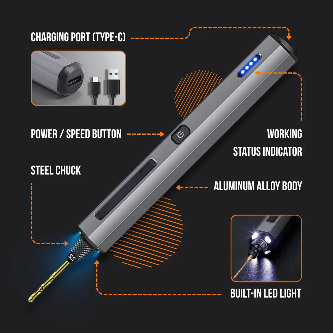 Compact electric drill with Type-C charging, LED light, aluminum alloy body, and status indicator
