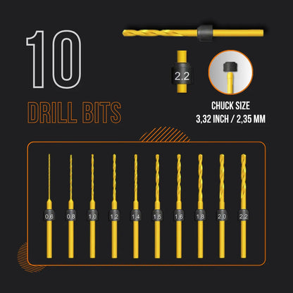 Set of 10 yellow electric drill bits with sizes from 0.6 to 2.2 mm, 2.35 mm chuck size.