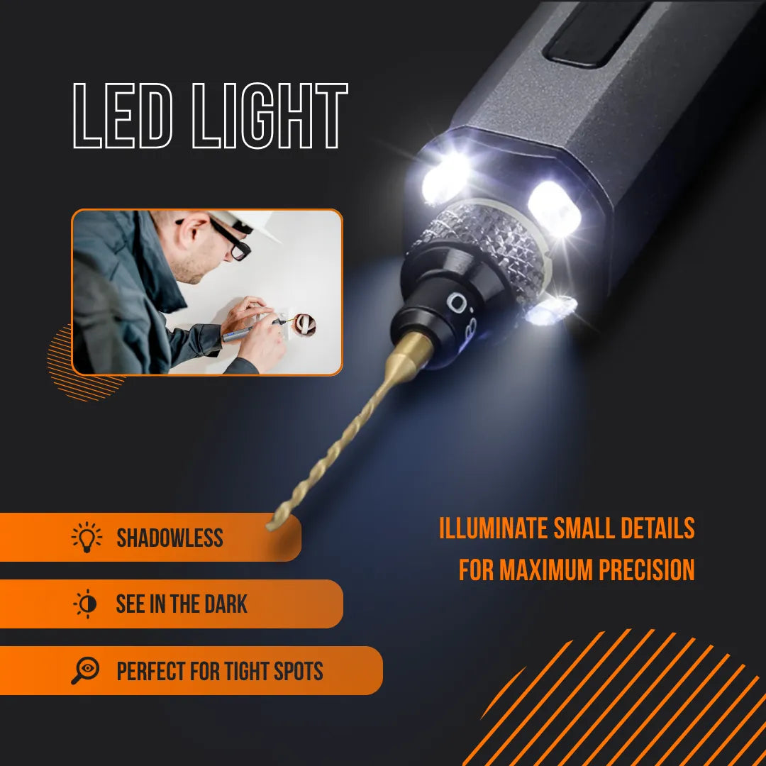 Mini electric drill with LED light illuminating work area, ideal for precision in tight spaces.