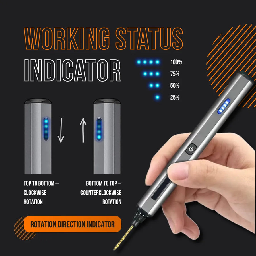 Mini electric drill with working status indicator lights, rotation direction display, and power button