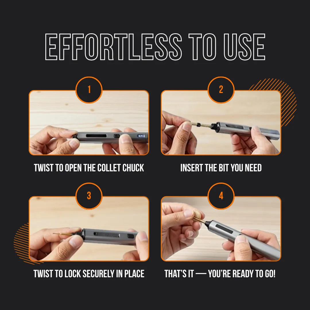 Step-by-step guide using a mini electric drill, showing how to insert and secure drill bits.