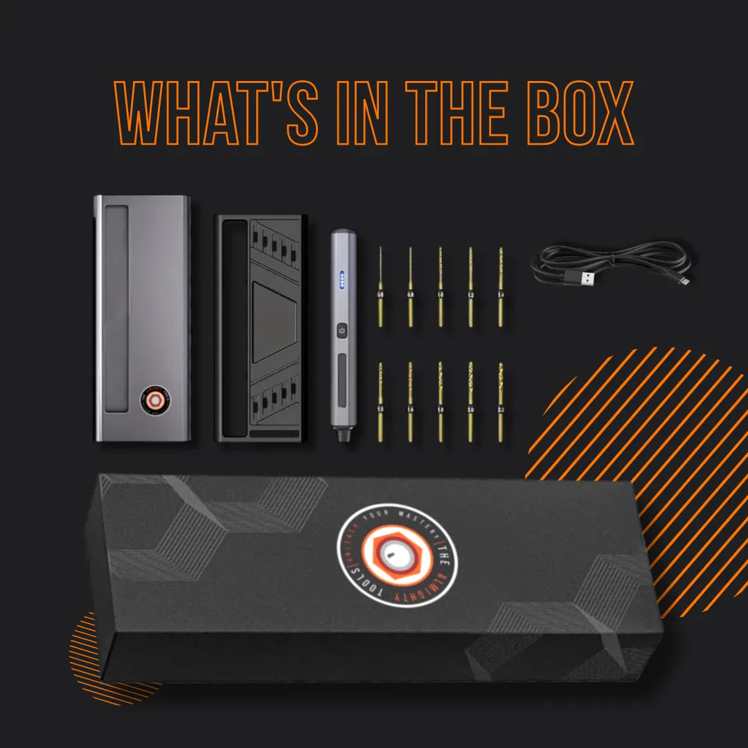 Almighty Mini Electric Drill kit with drill bits, case, USB charging cable and box on black background