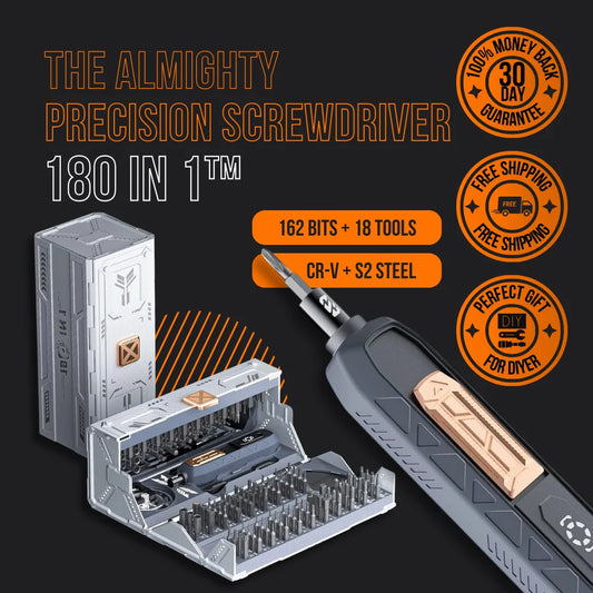 The Almighty 180 in 1 precision screwdriver set with case, 162 bits, DIY repair tool.