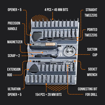 180-in-1 screwdriver tool kit with bits, tweezers, suction cup, magnetizer, and handle