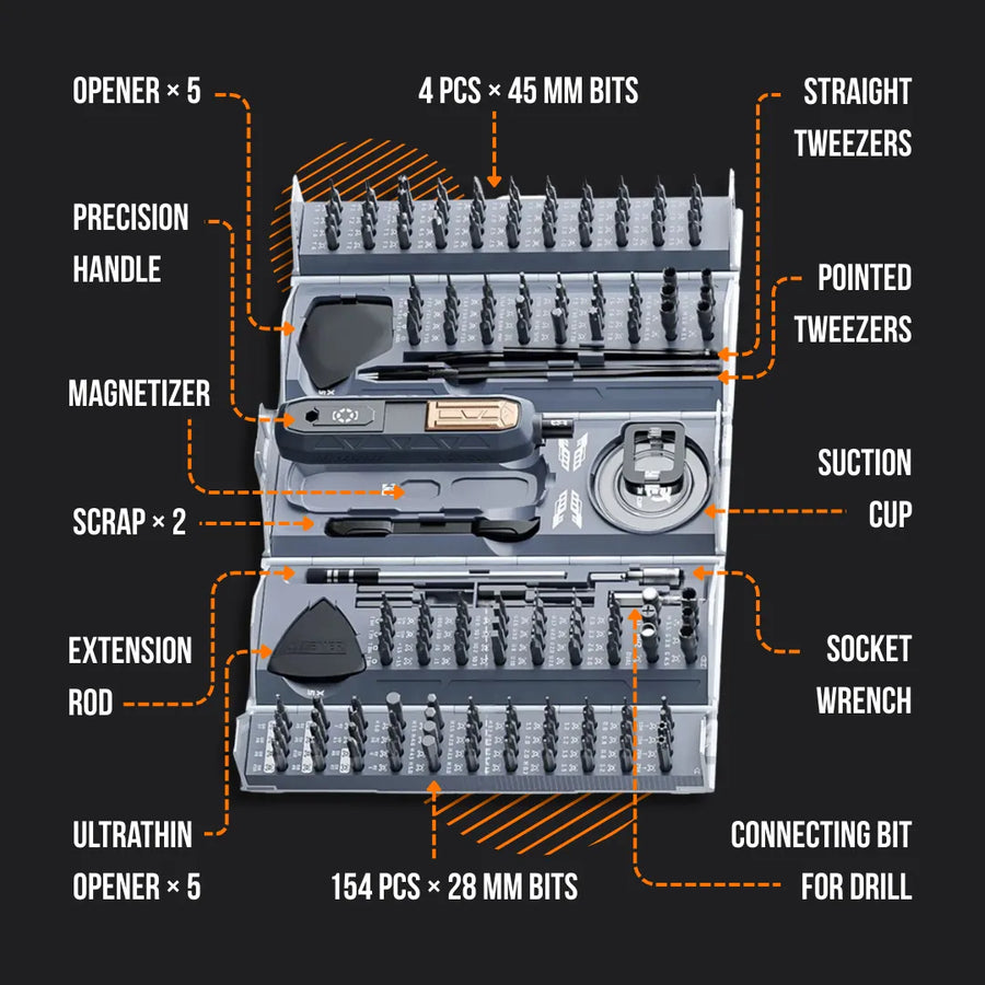 180-in-1 screwdriver tool kit with bits, tweezers, suction cup, magnetizer, and handle