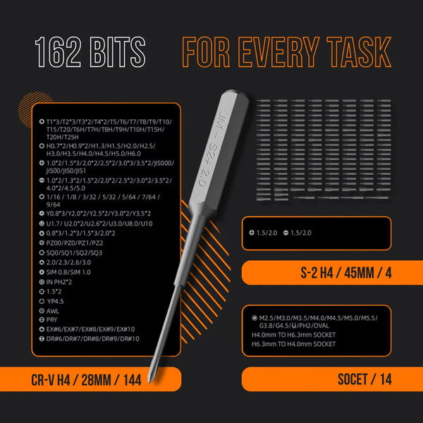 Screwdriver bit set with 162 precision bits, labeled types, sizes, and organized layout on dark background.