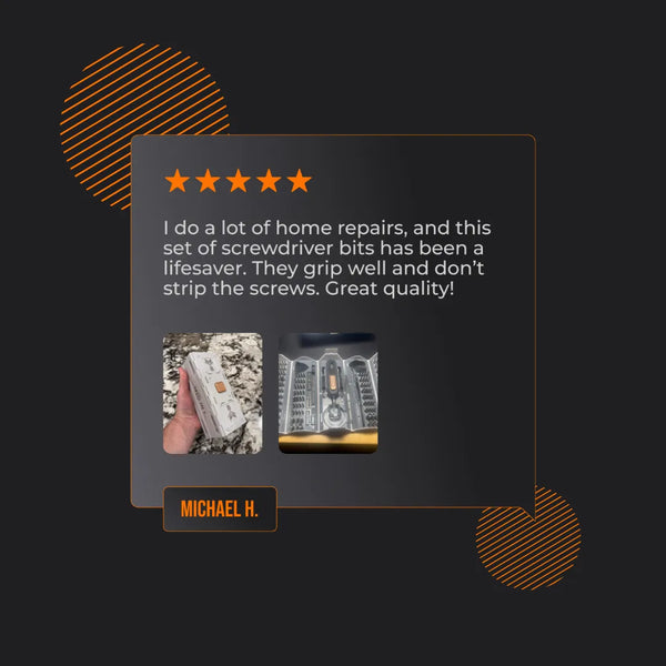Customer review with five stars, images of 180-in-1 screwdriver bit set, and praise for quality.