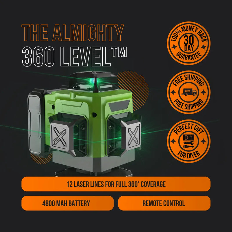 Green Almighty 360 Level laser tool with 12 laser lines, 4800 mAh battery, and remote control.