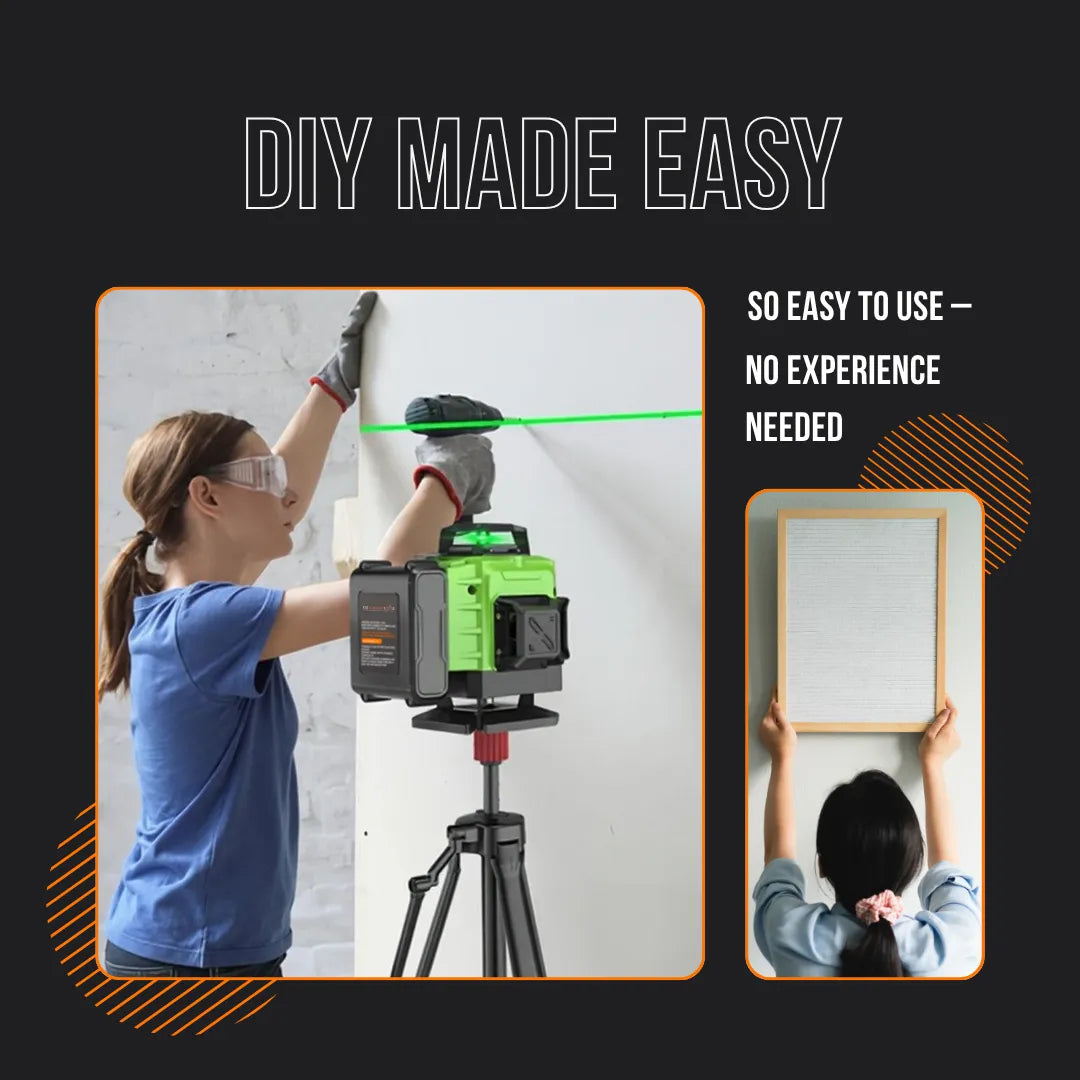 Woman using green laser level on tripod for DIY wall installation, easy to use tool for beginners