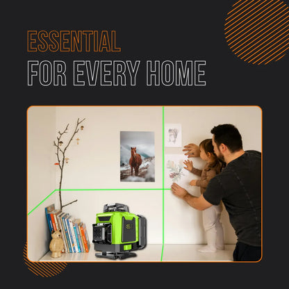 Green 360-degree laser level tool used for home wall alignment and picture hanging