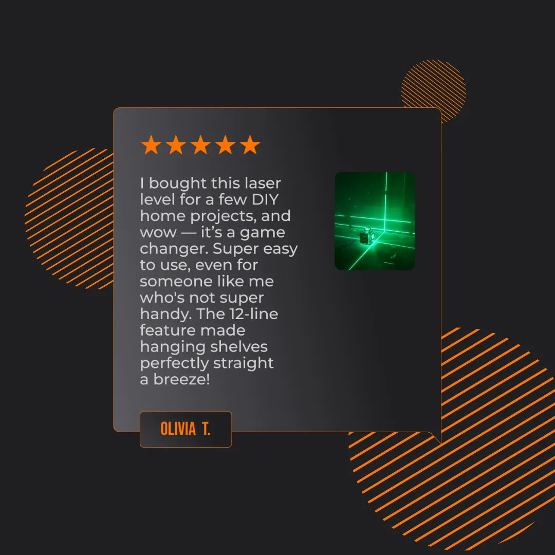 5-star laser level review with product image and positive DIY project feedback
