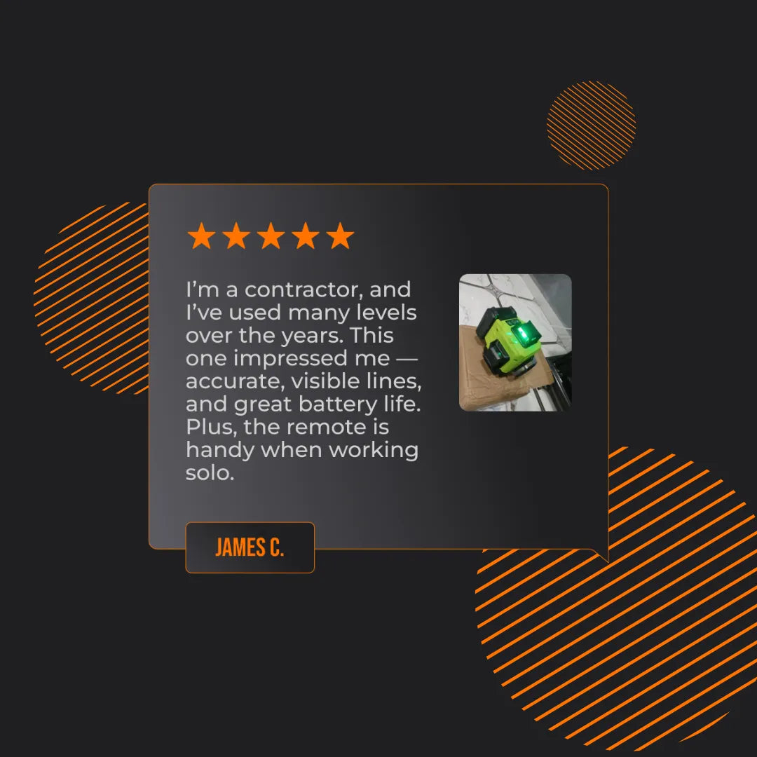 Five-star review graphic for 360 laser level with image of green laser tool and testimonial.