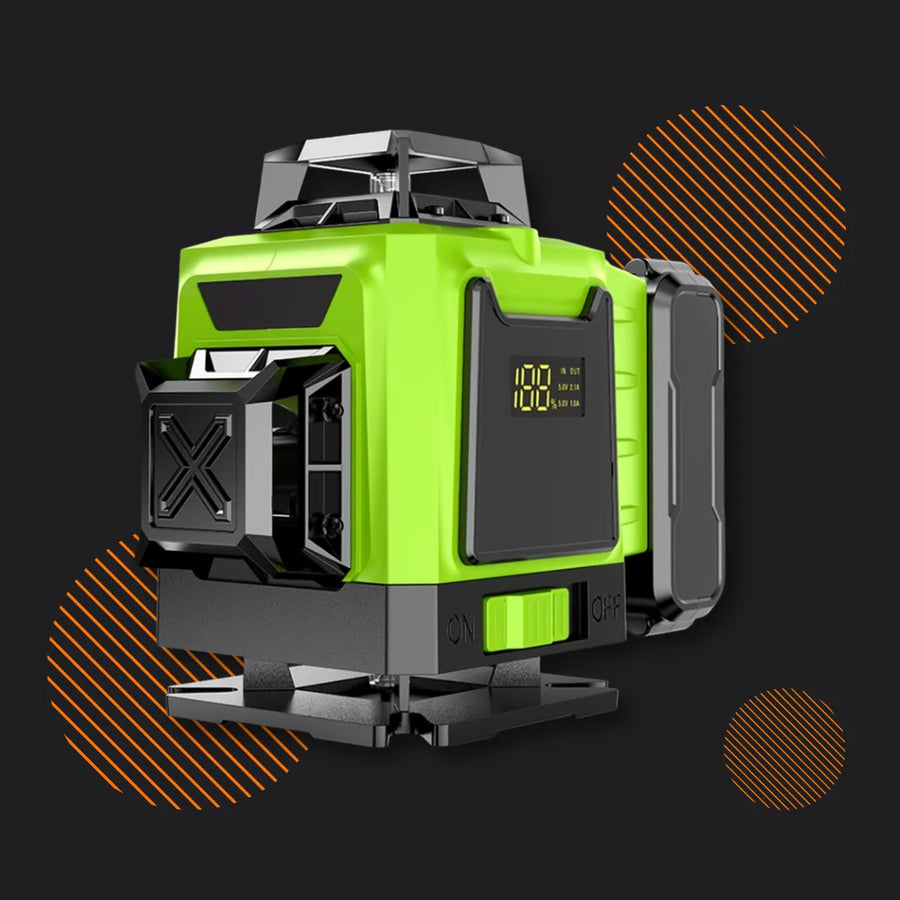 Green 360-degree laser level with digital display on a dark background with orange graphics