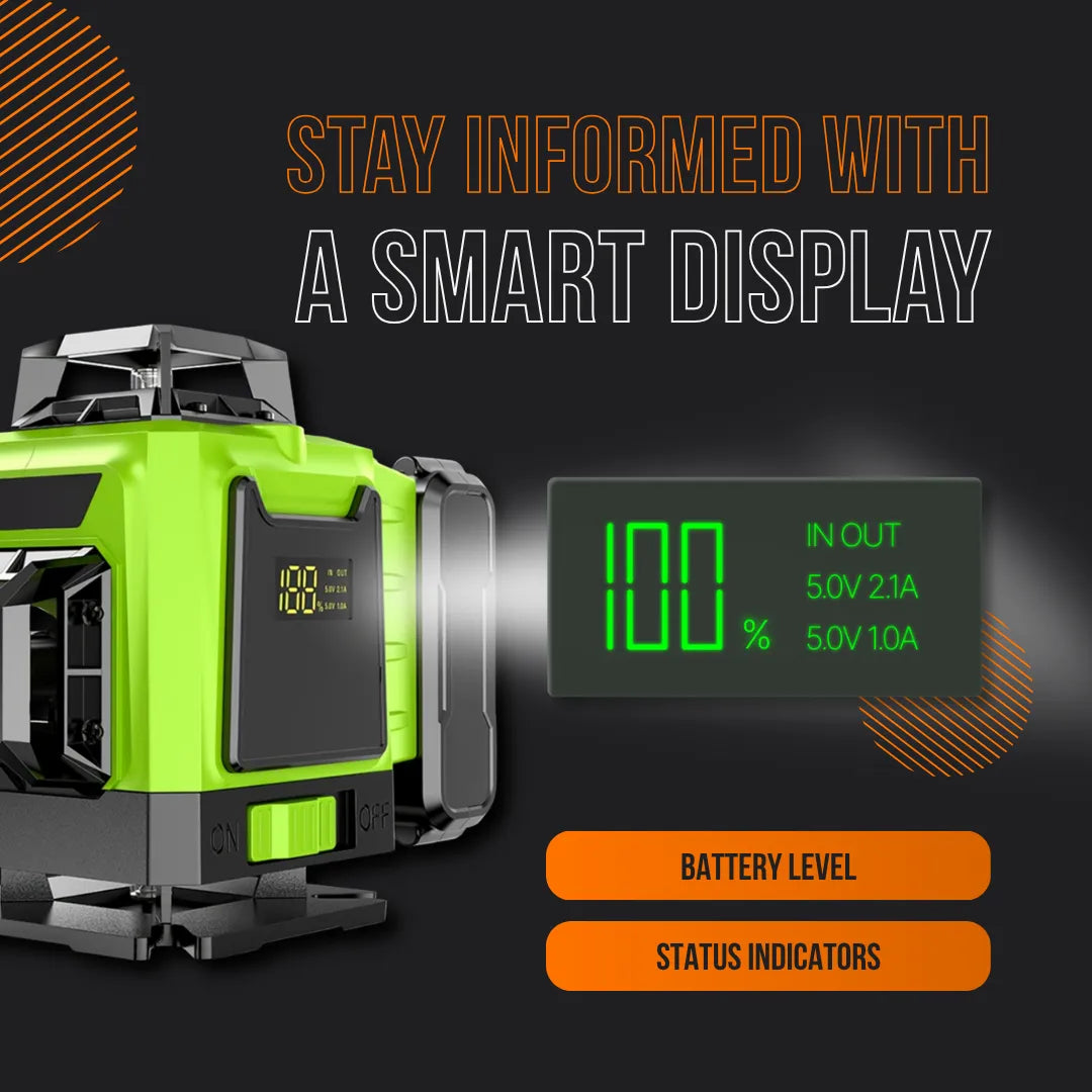 Green 360 laser level with smart digital display showing battery level and status indicators