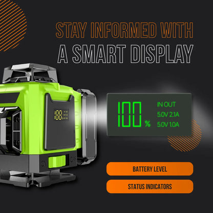 Green 360 laser level with smart digital display showing battery level and status indicators