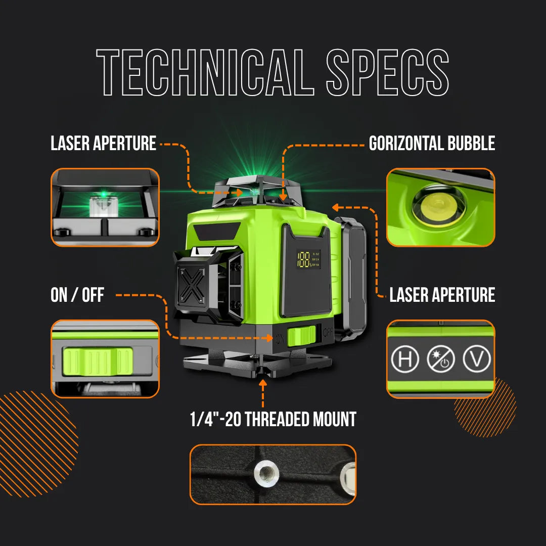 Green 360 laser level with bubble vial, laser apertures, on/off switch and threaded mount