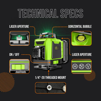 Green 360 laser level with bubble vial, laser apertures, on/off switch and threaded mount