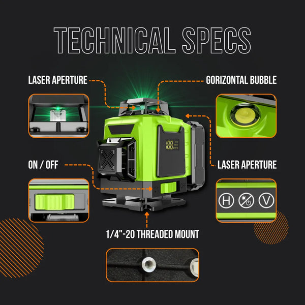 Green 360 laser level with bubble vial, laser apertures, on/off switch and threaded mount
