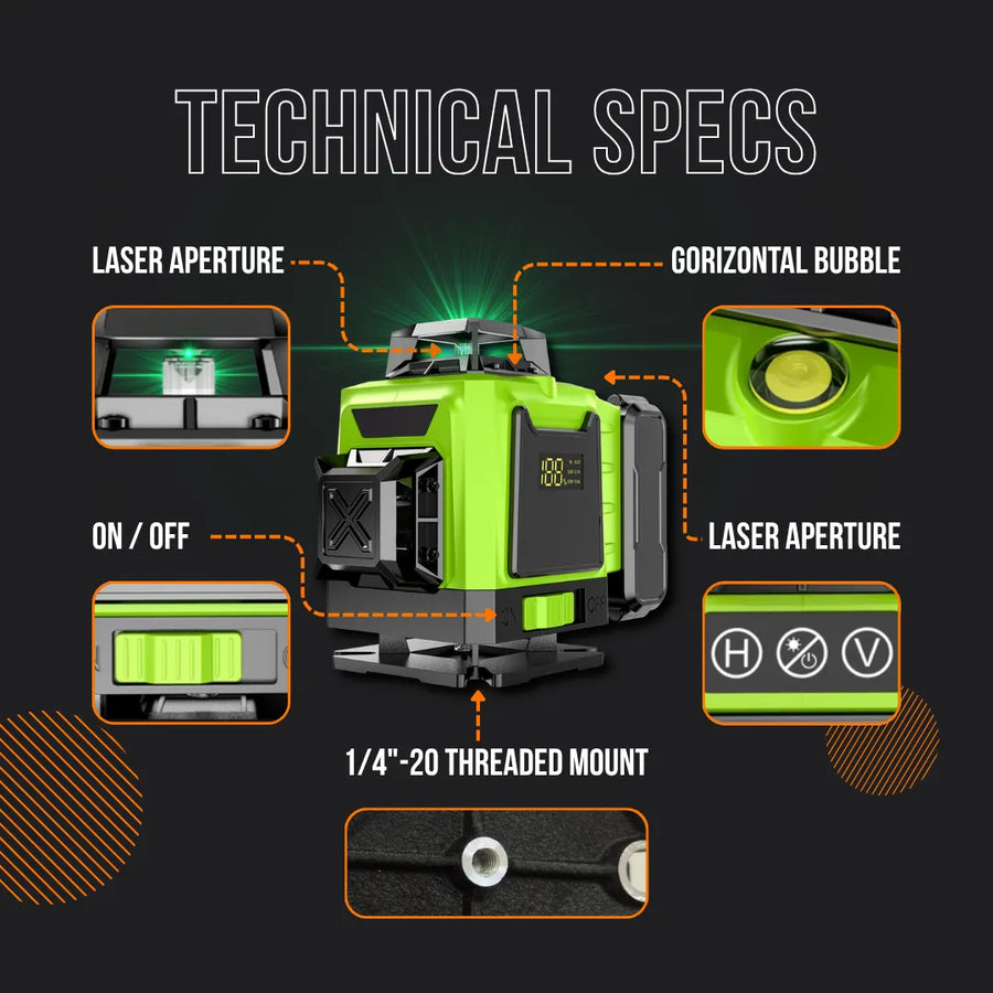 Green 360 laser level with bubble vial, laser apertures, on/off switch and threaded mount