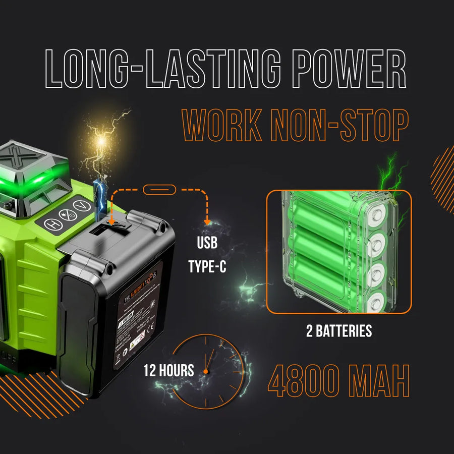 Green laser level with USB Type-C charging, 2 batteries, 4800mAh, 12-hour long-lasting power