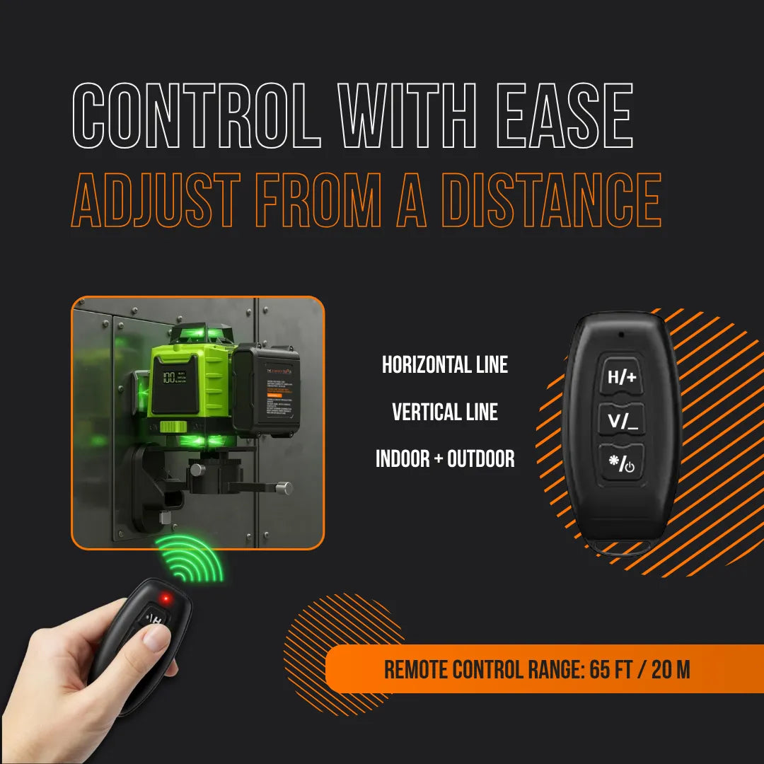Green 360 laser level with remote control, 65 ft range, for indoor and outdoor leveling