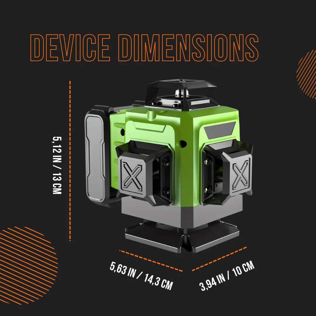 Green laser level device with dimensions 5.12 x 5.63 x 3.94 inches on black background
