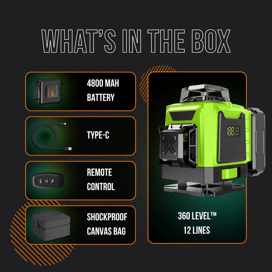 360 Level 8 green laser level kit with battery, Type-C cable, remote control, and canvas bag