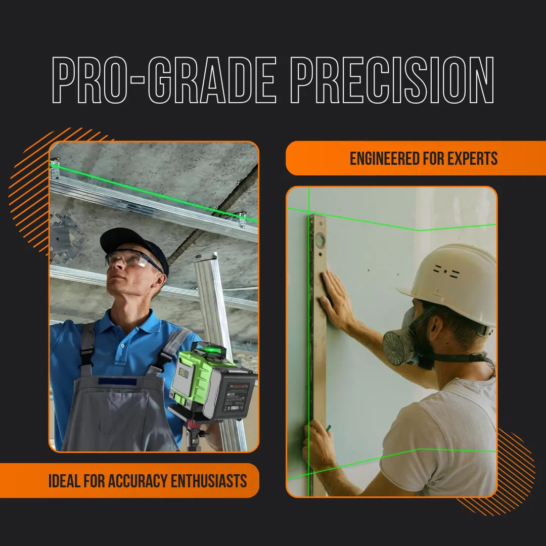 Two construction workers using a green laser level for precise alignment on site.