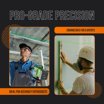 Two construction workers using a green laser level for precise alignment on site.