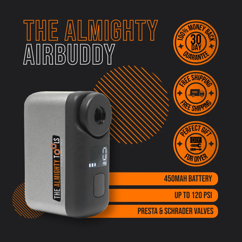 The Almighty AirBuddy portable air pump, digital display, with battery and PSI highlights.