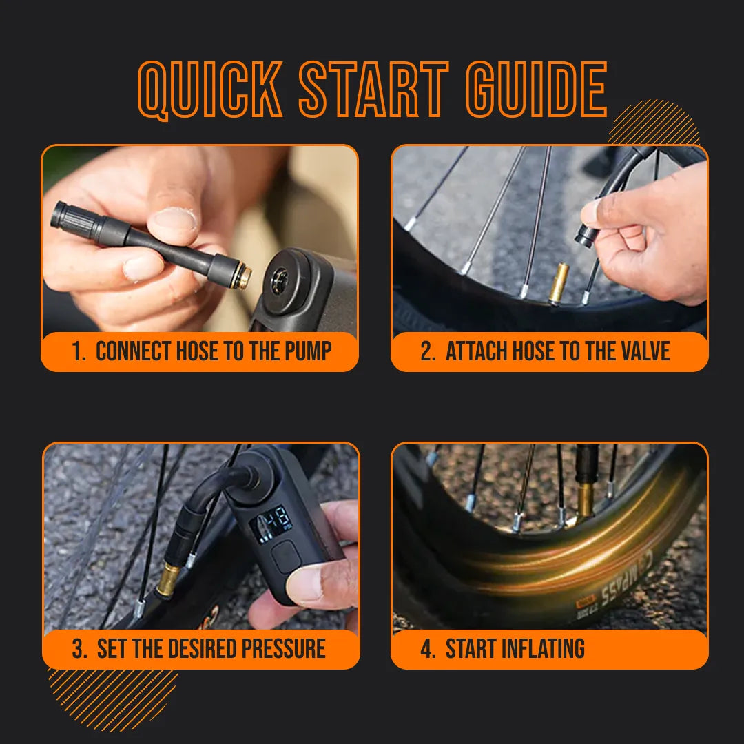 AirBuddy 10 portable tire inflator quick start guide showing steps for pumping bike tires.