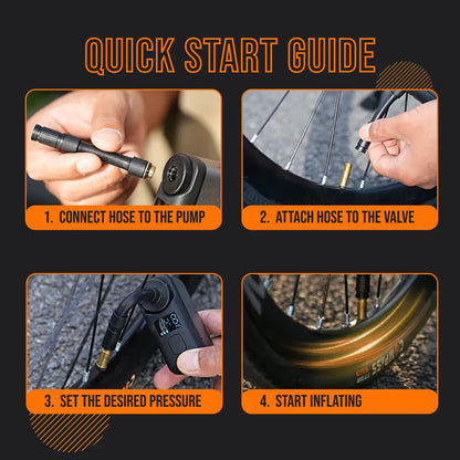 AirBuddy 10 portable tire inflator quick start guide showing steps for pumping bike tires.