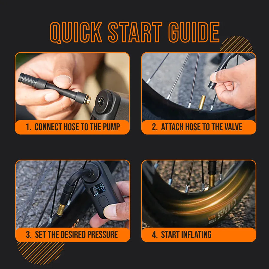 AirBuddy 10 portable tire inflator quick start guide showing steps for pumping bike tires.