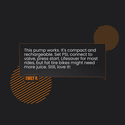 Customer review for compact rechargeable pump product with orange graphic accents on black background.