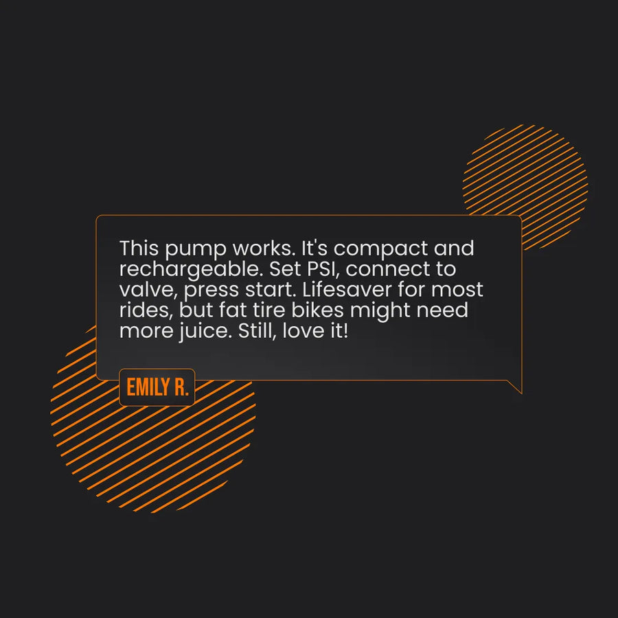 Customer review for compact rechargeable pump product with orange graphic accents on black background.