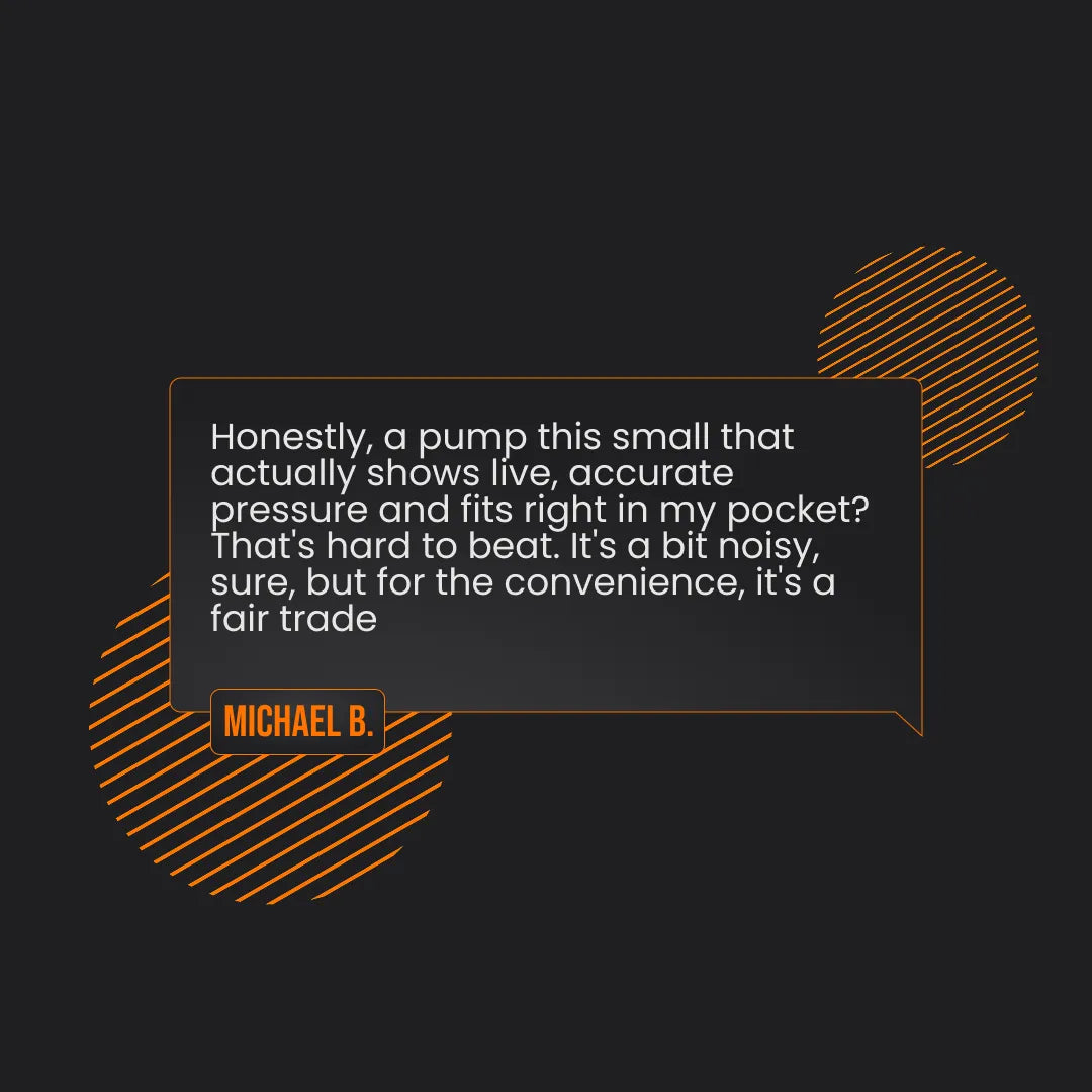 AirBuddy 13 customer review with orange geometric accents on black background