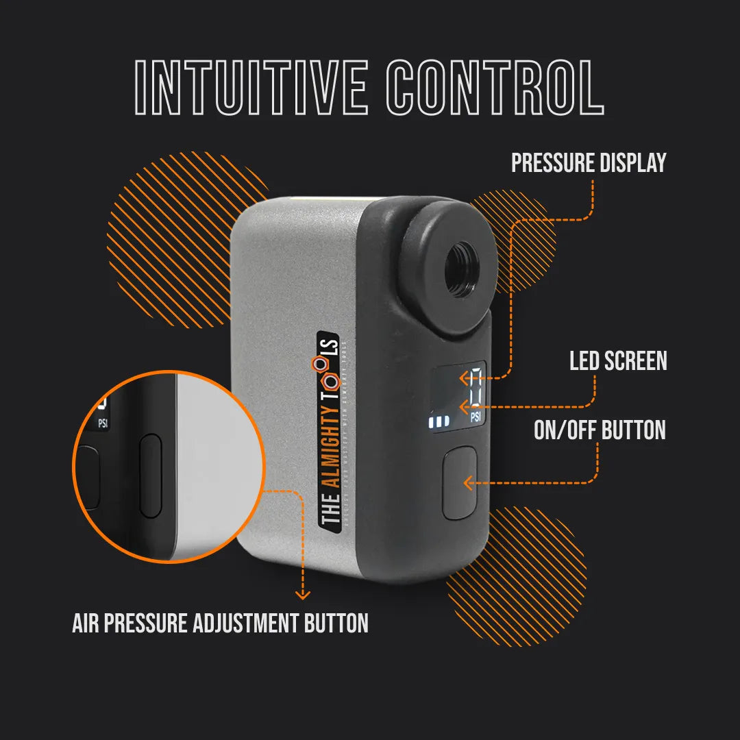 The Almighty AirBuddy 4 portable air pump with LED screen, pressure display, and control buttons