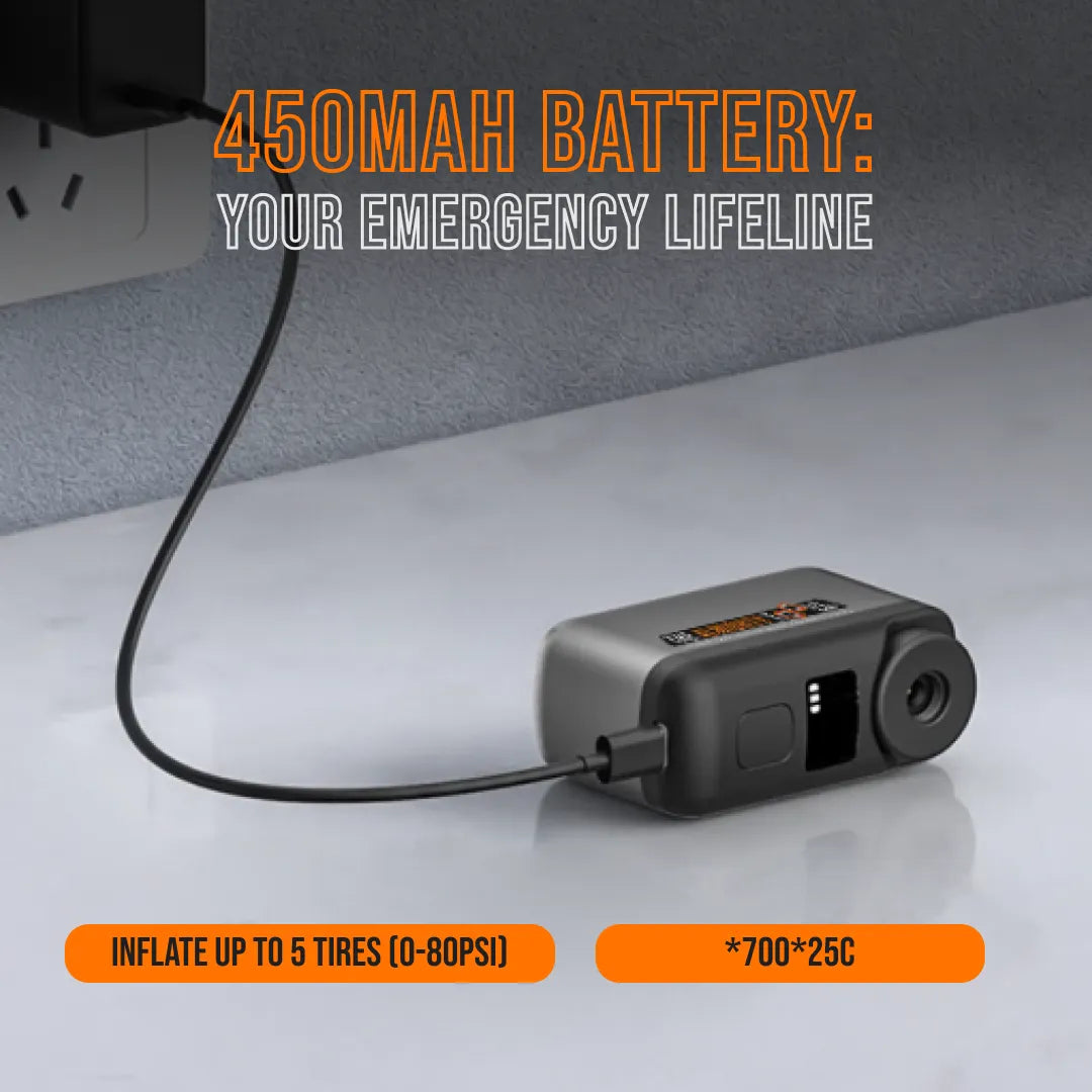 Compact AirBuddy portable tire inflator charging on countertop, 450mAh emergency battery