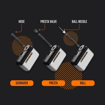 AirBuddy portable air pump with hose, Presta valve, and ball needle attachments for Schrader, Presta, and ball inflating.