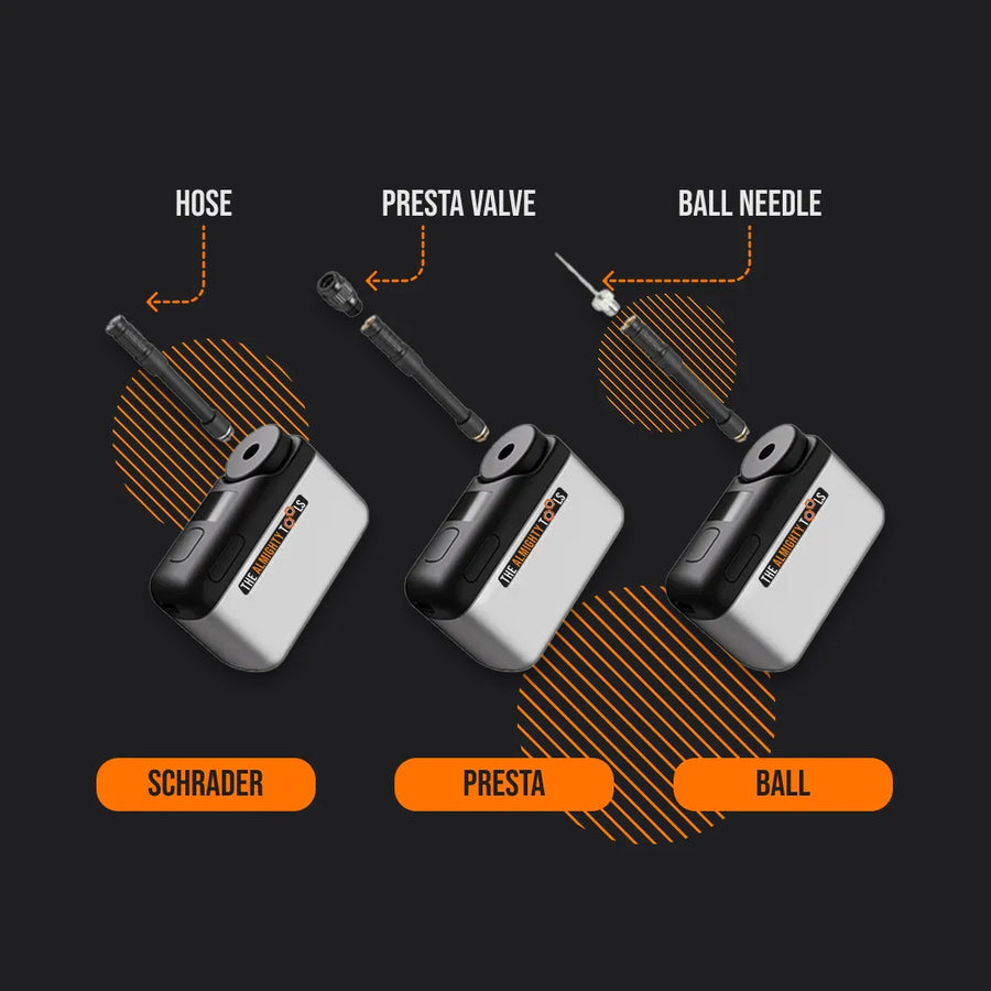 AirBuddy portable air pump with hose, Presta valve, and ball needle attachments for Schrader, Presta, and ball inflating.