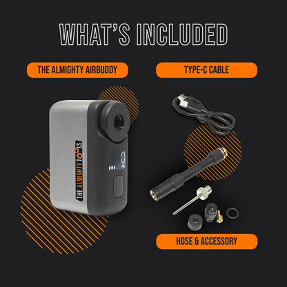The Almighty AirBuddy portable air compressor with type-C cable, hose, and accessories on black.