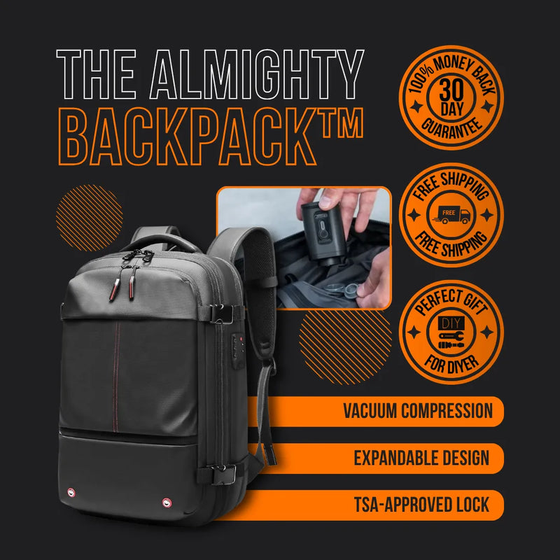 Black expandable travel backpack with vacuum compression, TSA lock, and tech features on display